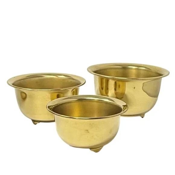 Vtg Set of 3 Brass Footed Bowl Cachepot / Planter / Trinket Dish Lacquered MCM - Picture 3 of 6
